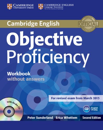 Blue book cover with "Objective Proficiency Workbook" text and a visible audio CD.