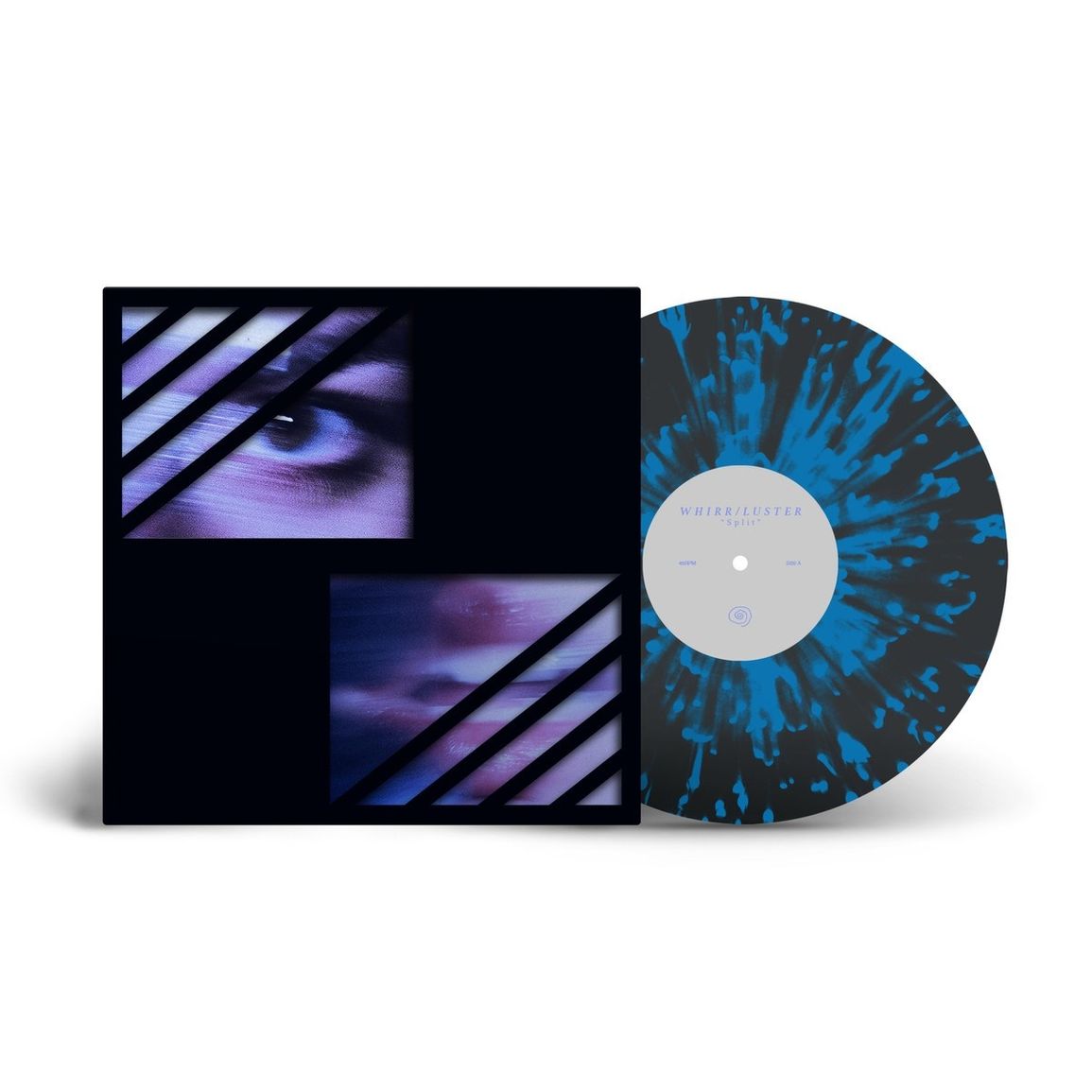 Vinyl record with blue and black splatter pattern, and abstract cover art.