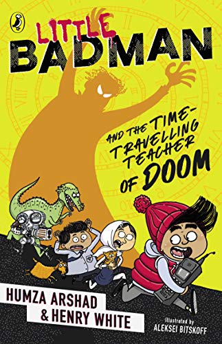 Book cover: children, dinosaur, and shadowy figure against a clock face.