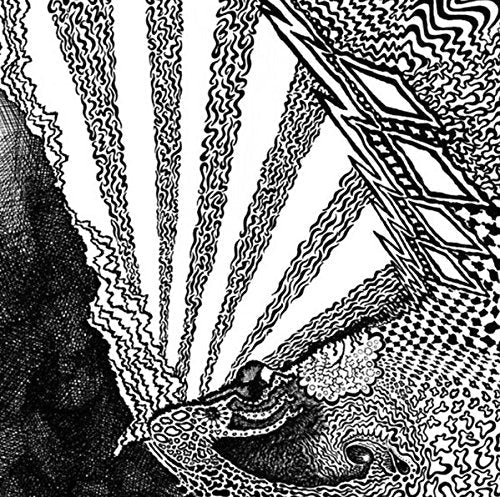 Black and white ink drawing featuring abstract patterns, wavy lines, and geometric shapes.