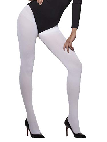 Woman wearing white opaque tights and black high heels.