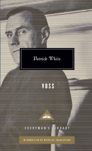 Book cover: "Voss" by Patrick White, portrait of a man in dark clothing.
