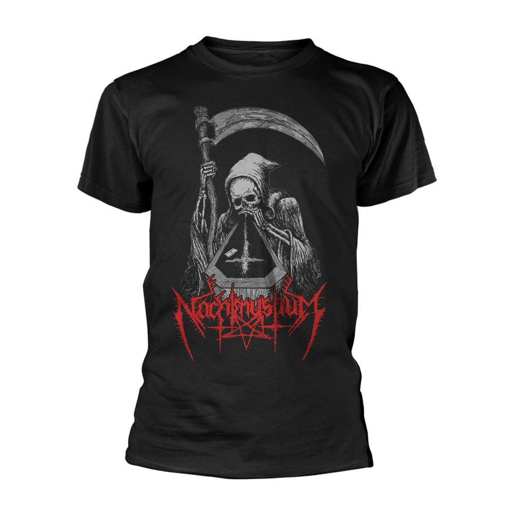 Black t-shirt with a grim reaper graphic and band logo, "Necronomycon.