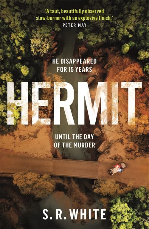 Book cover for “Hermit” with a bridge, foliage, and police car.