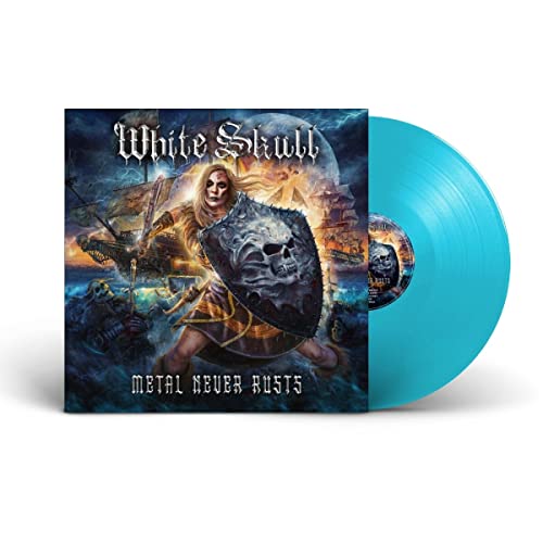 Vinyl record of “White Skull - Metal Never Rusts” with cover art.