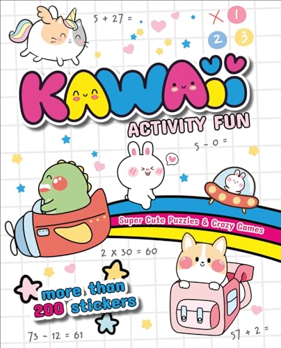 Colorful activity book cover with cute animal characters and math problems.
