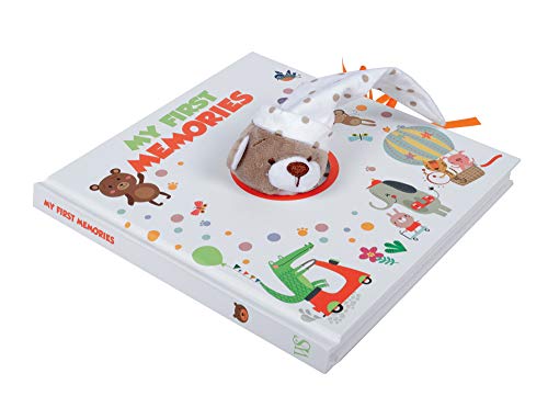 Baby memory book with a plush bear peeking from the center.