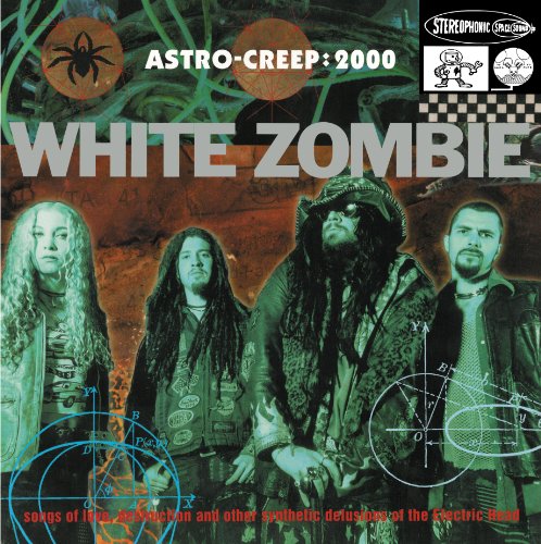 The four members of White Zombie stand against a dark, textured background with geometric graphics.