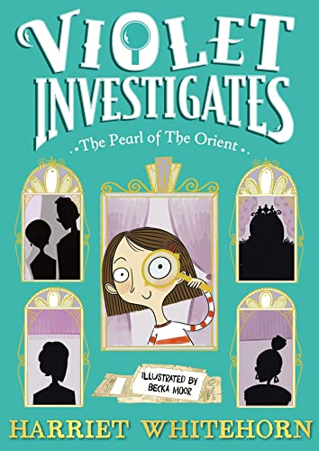 Book cover showing a girl with a magnifying glass surrounded by four silhouette portraits.
