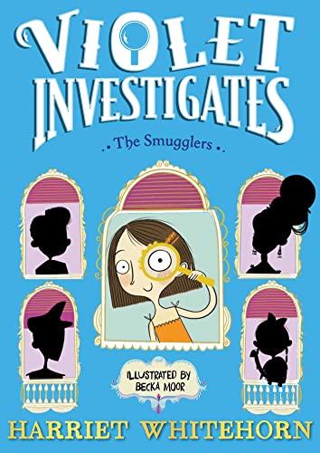 Book cover: girl with magnifying glass, framed silhouettes, blue background.