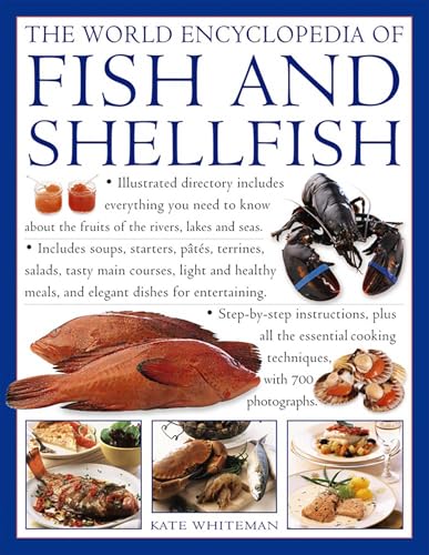Book cover: "World Encyclopedia of Fish and Shellfish" with images of seafood.