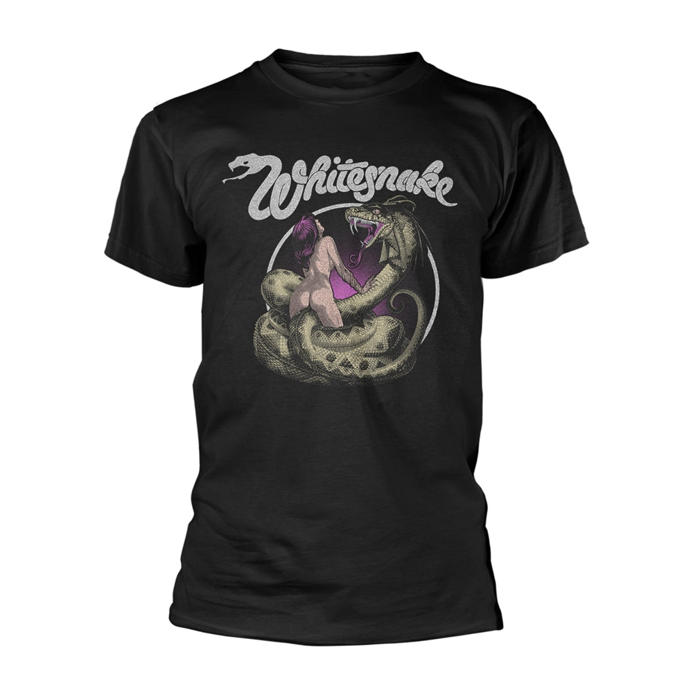 Black t-shirt with Whitesnake band logo of a snake and woman.