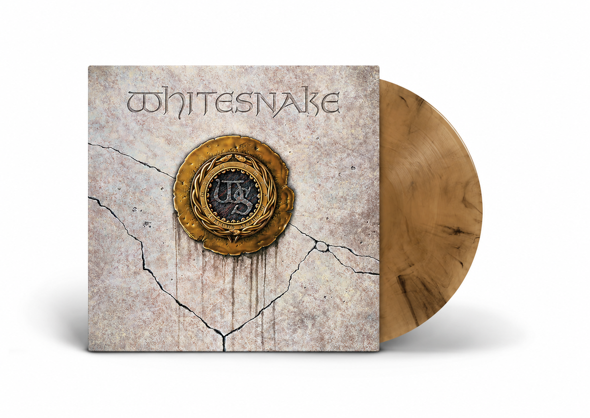 Whitesnake album cover with a cracked stone texture and tan vinyl record.