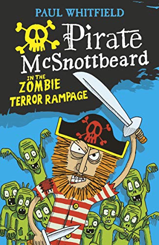 Cartoon pirate with sword fighting green zombies, book cover illustration.