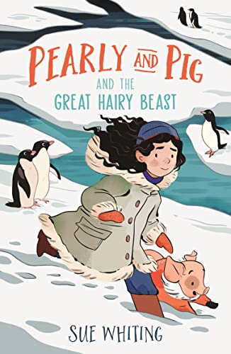 Girl and pig run on snowy ice with penguins, book cover.