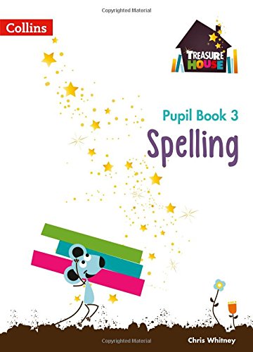 Spelling Year 3" pupil book cover with cartoon dog and stars.