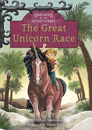 Book cover: girl riding a dark brown unicorn in a tropical landscape.
