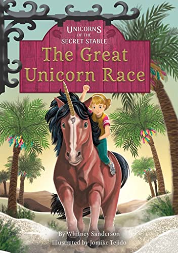 Book cover showing a girl riding a brown unicorn through a tropical landscape.