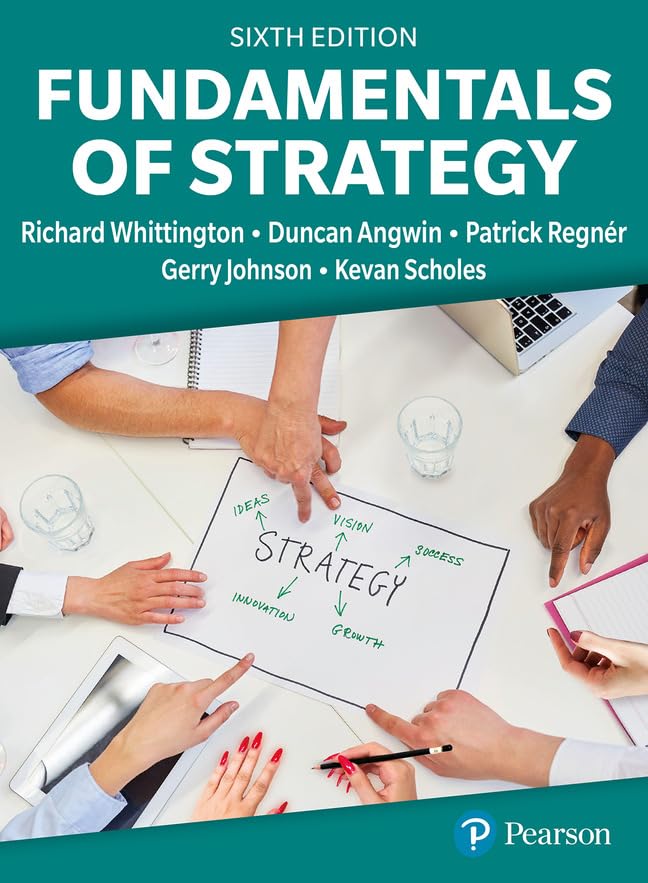 Textbook cover for "Fundamentals of Strategy" with business concepts imagery.