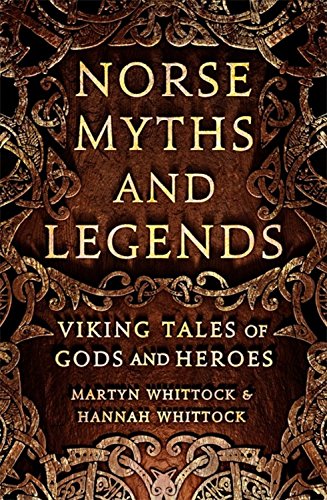 Book cover with gold lettering: "Norse Myths and Legends," ornate dark background.