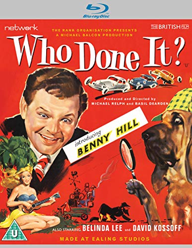Blu-ray cover for "Who Done It?" featuring a man, dog, and cartoon imagery.