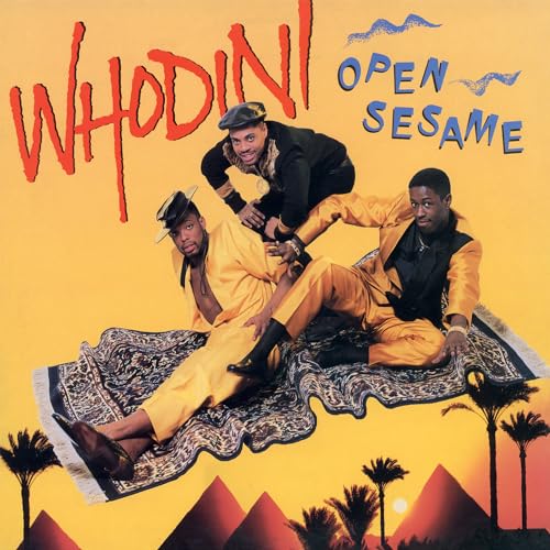 Whodini album cover featuring three men on a magic carpet with pyramids.