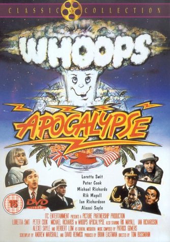 DVD cover for Whoops Apocalypse featuring a cartoon mushroom cloud and cast portraits.