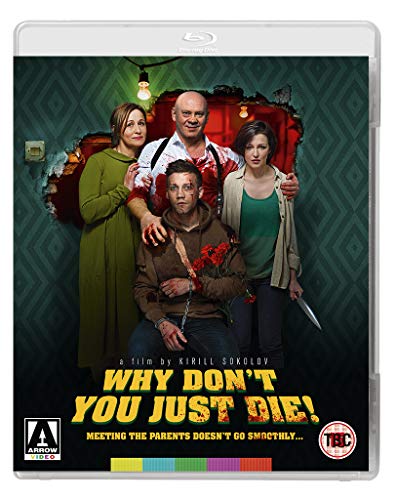 Blu-ray cover for "Why Don't You Just Die?" featuring a distressed family portrait.