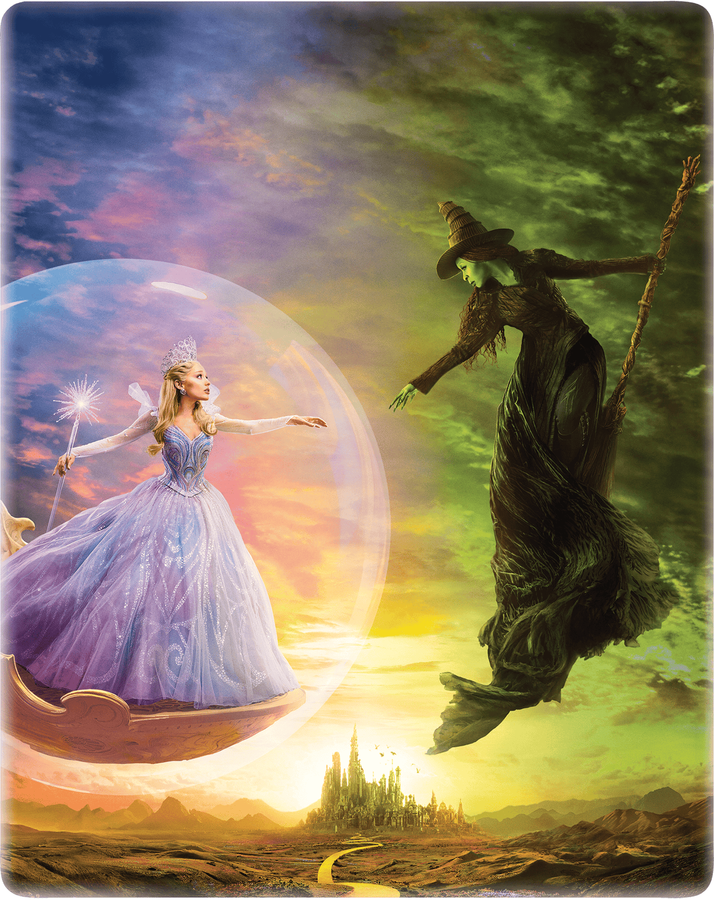 “Wicked” movie Steelbook cover featuring Glinda and the Wicked Witch of the West.