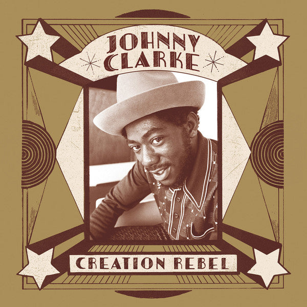 Johnny Clarke album cover, portrait of a man in a hat, sepia tone.