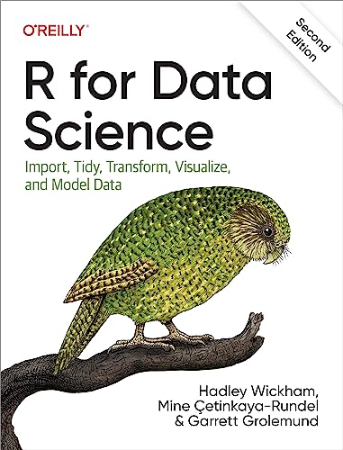 Book cover: "R for Data Science" with a bird illustration.
