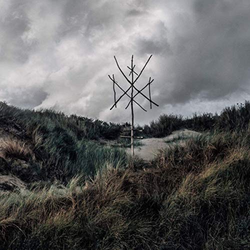 The alt text for the image is: "A sculpture of branches on a pole in a grassy field."