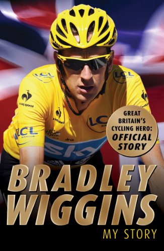 Bradley Wiggins in yellow cycling gear, book cover with his name.