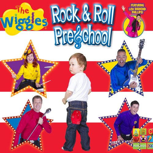 The Wiggles album cover featuring band members and a young child.