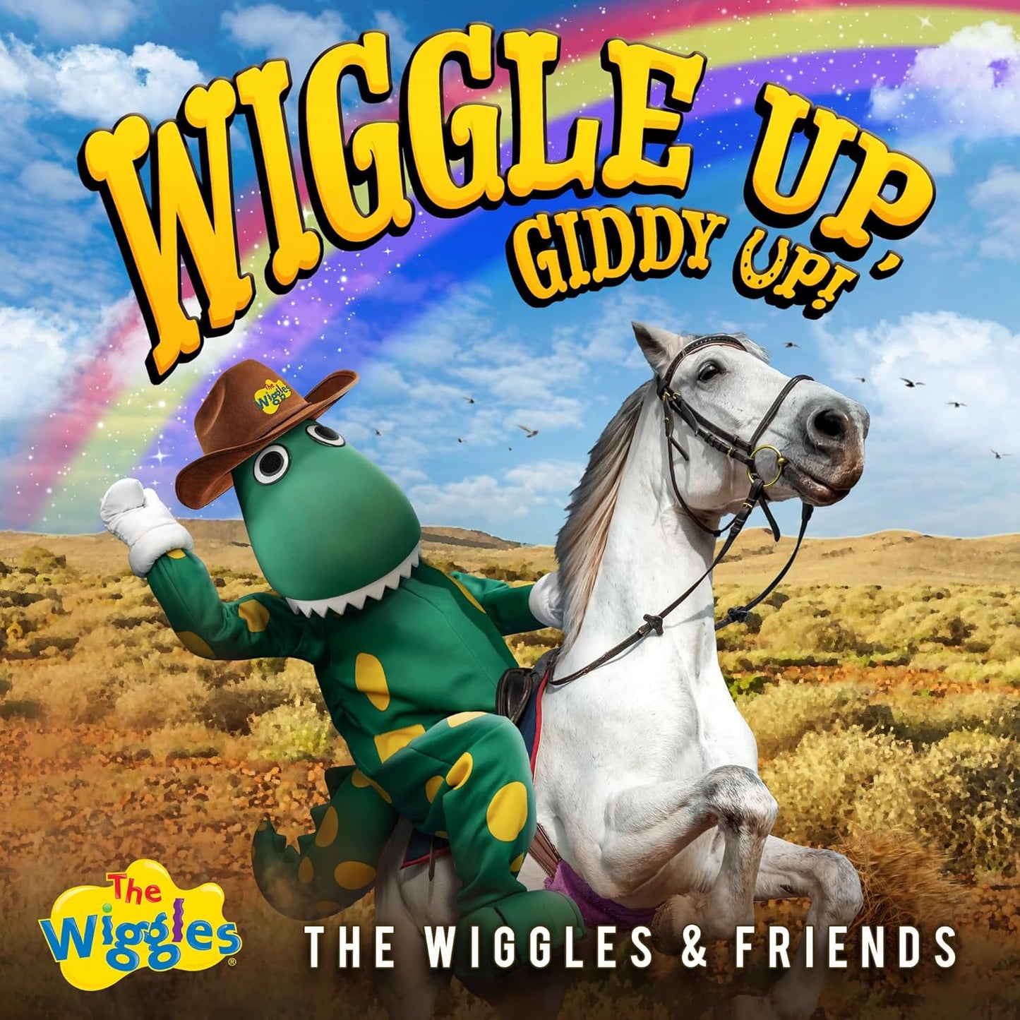 CD cover featuring a dinosaur riding a horse in a field.