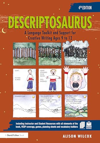 Book cover for Descriptosaurus featuring a grid of illustrated descriptive writing examples.