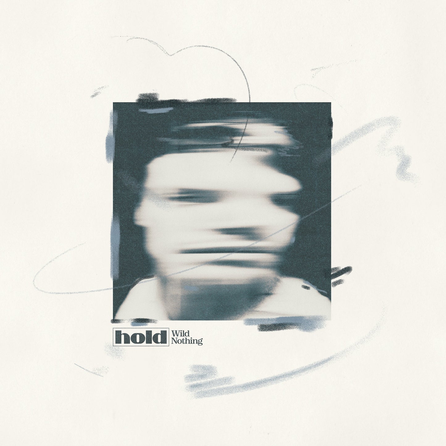 "Blurry black-and-white portrait of a person surrounded by abstract, dark grey pencil marks."