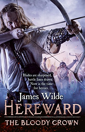 Book cover: warrior with bow, battlefield in background, title "Hereward.