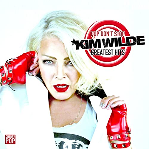 Kim Wilde album cover, "Pop Don't Stop - Greatest Hits", with red gloves.