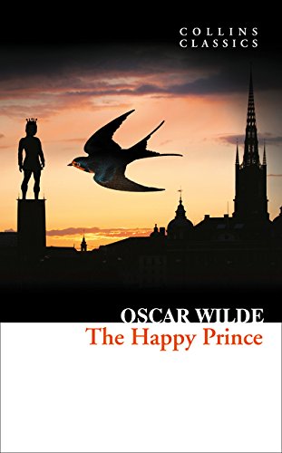 Book cover: statue, bird, city skyline, and title “The Happy Prince.”