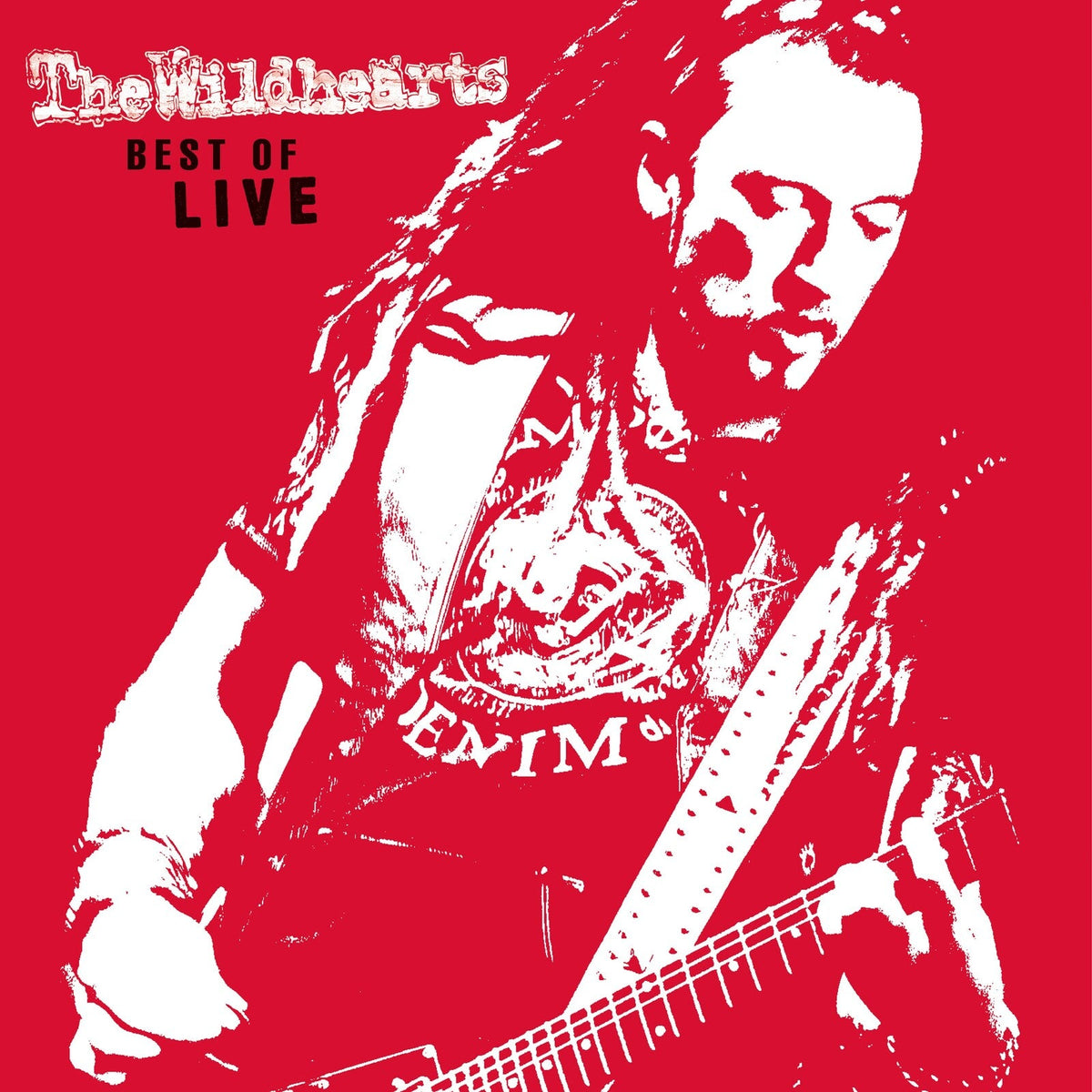 Red and white high-contrast graphic of a guitarist for The Wildhearts Best Of Live.