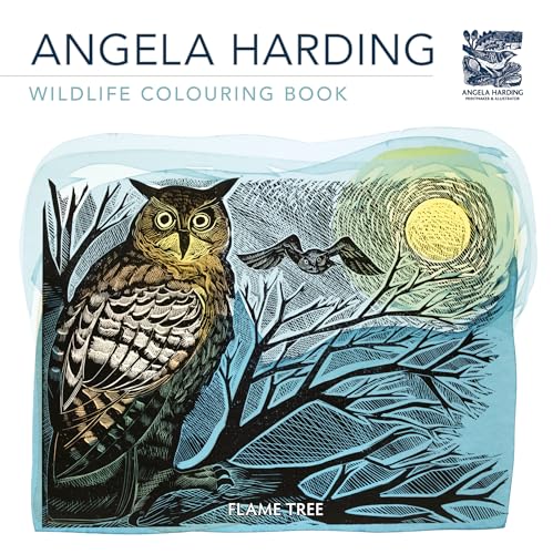Book cover: owl illustration with moonlit branches, Angela Harding’s “Wildlife” colouring book.