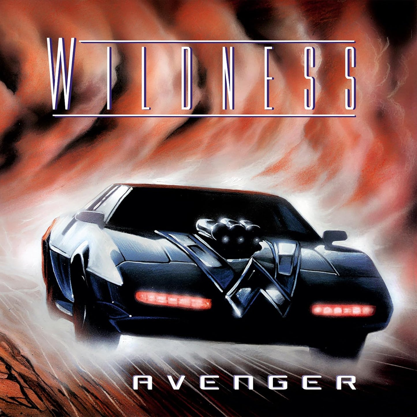 Dark sports car with red taillights against a fiery, smoky background.