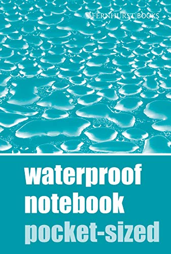 Blue waterproof notebook cover with water droplet texture and white text.