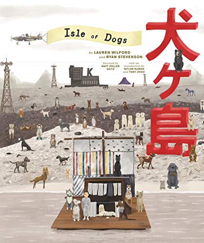 Book cover showing many dogs on a trash island with a boy on a raft.