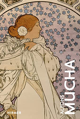 Art Nouveau illustration of a woman with a white flower against blue stars.