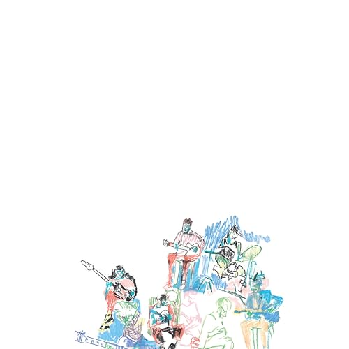 Sketch of a band performing with guitars, drums, and a keyboard.