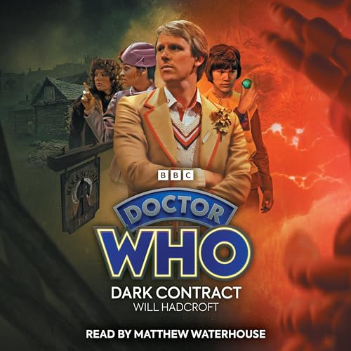 Fifth Doctor, companions, and fiery background for Doctor Who audio drama.
