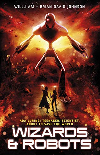 Book cover: giant robot looms over two children with a fiery background.