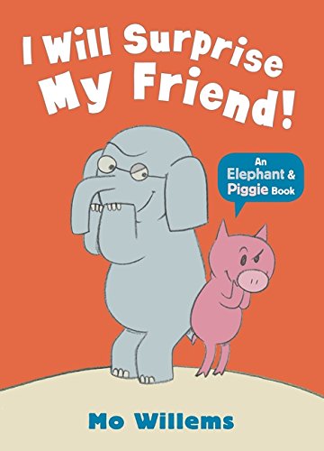 Elephant and Piggie stand back-to-back looking mischievous on an orange book cover.